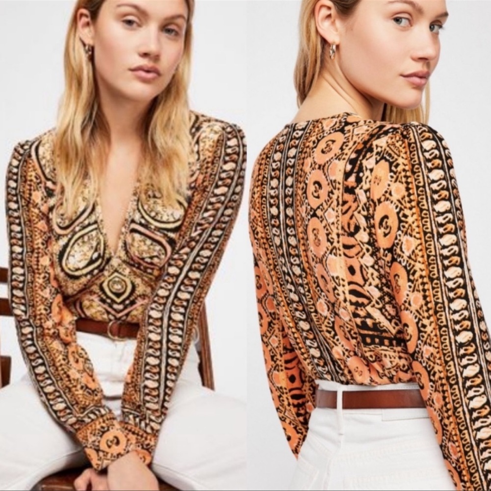 Free People Wild And Free Blouse Orange Black Combo NWT Size Small